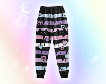 Drippy Pastel Goth Cat Joggers, Stars Hearts Kitty Harajuku Sweatpants, Creepy Cute Japanese Streetwear, Starry Yami Kawaii Pants Yamikawaii