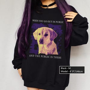 May include: Black sweatshirt with a graphic of a yellow labrador retriever and the text "WHEN YOU GO OUT IN PUBLIC AND THE PUBLIC IS THERE". The model is 4' 9" tall and wearing a size M.
