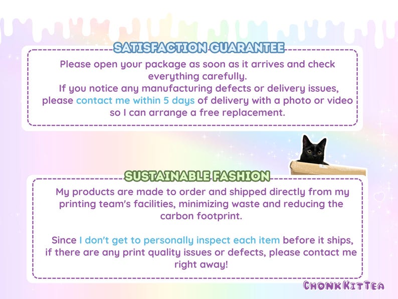 May include: A pastel-colored graphic with text about a satisfaction guarantee and sustainable fashion. A black cat peeks out from a cardboard box. The text includes details about returns and minimizing waste.