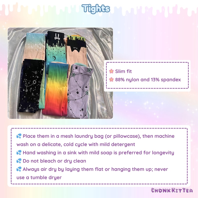 May include: A collection of six pairs of patterned tights featuring various designs including a black celestial print, a rainbow gradient, a light blue to peach ombre, and a black cat motif. The text includes Tights, Slim fit, 88% nylon and 13% spandex.