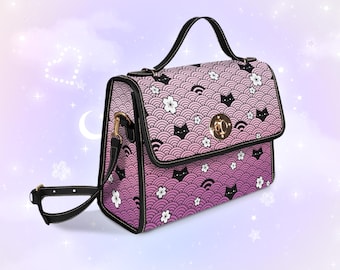 Seigaiha Sakura Cat Bag, Pastel Goth Kitty Flowers Purse, Cherry Blossom Yami Kawaii Handbag, Cute Floral Messenger Bag Japanese Yamikawaii
