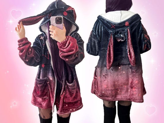 Fluffy Menhera Bunny Ear Hoodie, Pastel Goth Star Yami Kawaii Rabbit Jacket, Creepy Cute Yamikawaii Hoody Harajuku J Fashion Japanese Grunge