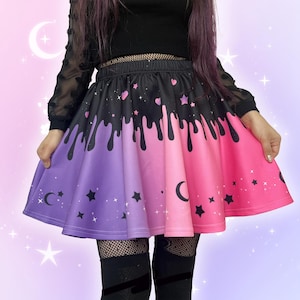Celestial Harajuku Pastel Goth Skirt, Drip Stars Mini Skirt, Cute Starry Alt Japanese Streetwear Alternative Yami Kawaii Skater Skirt Lolita