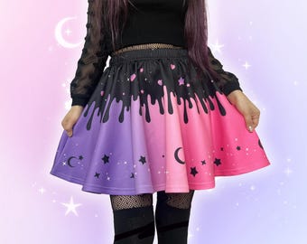Celestial Harajuku Pastel Goth Skirt, Drip Stars Mini Skirt, Cute Starry Alt Japanese Streetwear Alternative Yami Kawaii Skater Skirt Lolita