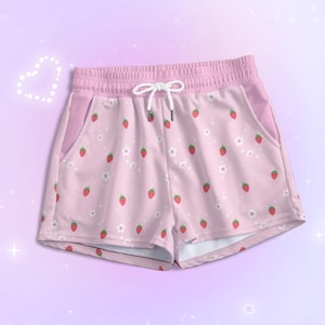 Pastel Pink Strawberry Shorts w/ Pockets Fairy Kei Harajuku Aesthetic Sakura Shorts Celestial Stars Cute Yume Kawaii Cherry Blossom Shorties