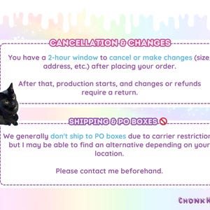 May include: Image with text about order cancellations and shipping policies. A black cat is on the left side of the image. The text includes information about a 2-hour window for changes and not shipping to PO boxes.
