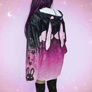 Fluffy Pastel Goth Pink Bunny Ears Jacket, Yami Kawaii Harajuku Rabbit Hoodie w/ Wings, Creepy Cute Zip Up Hoody, Ombre Alternative JFashion
