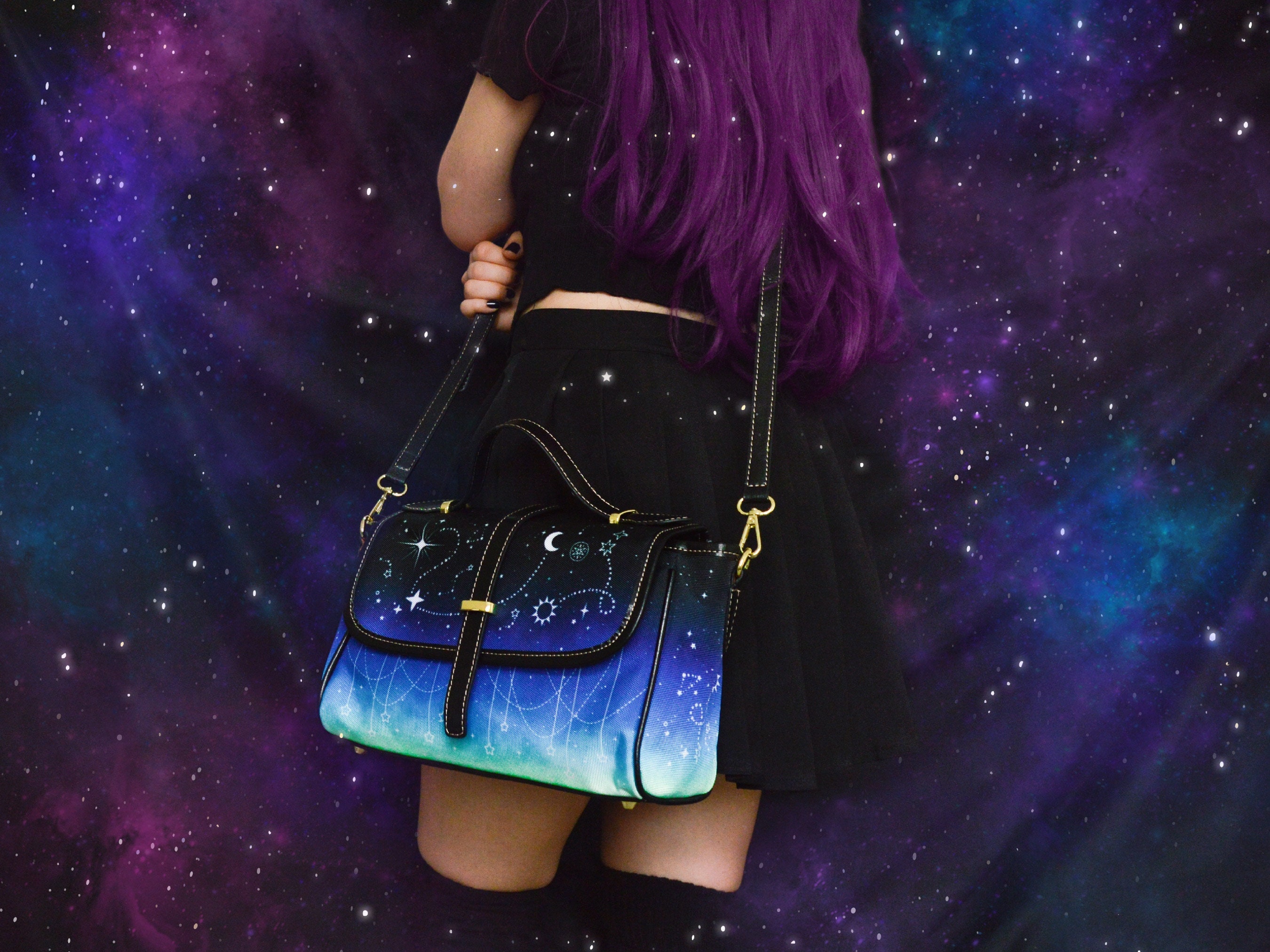 Cute Mystic Celestial Bag Sky Constellations Satchel Bag Kawaii Starry Galaxy Pastel Goth Crossbody Purse Blue Gradient Moon Star Witchy Bag