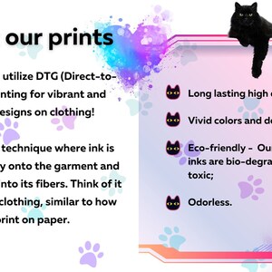 May include: A graphic explaining the benefits of Direct-to-Garment (DTG) printing. The text describes the process and highlights the benefits of vibrant colours, detailed designs, eco-friendly inks, and odourless prints.