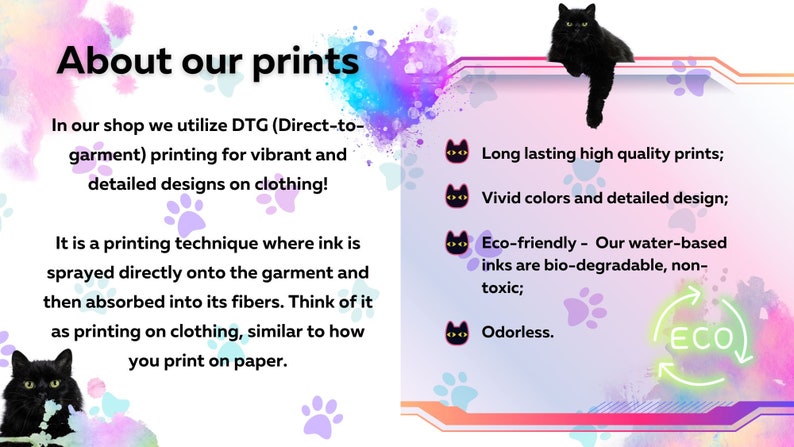 May include: A graphic explaining the benefits of Direct-to-Garment (DTG) printing. The text describes the process and highlights the benefits of vibrant colours, detailed designs, eco-friendly inks, and odourless prints.