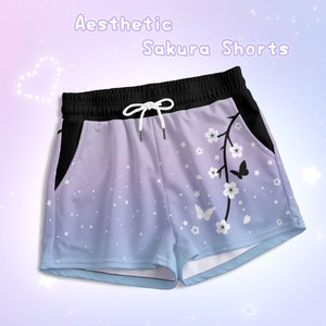 Cute Aesthetic Sakura Shorts with Pockets Starry Butterfly White Cherry Blossom Shorties Lilac Ombre Yume Kawaii Pastel Goth Japanese Short