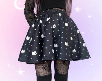 Polka Dots Cat Flare Skirt, Cute Kitty Yami Kawaii Skirt, Harajuku Decora Kei Skater Skirt, Rainbow Dots Japanese Streetwear Cutecore Lolita