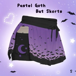 Pastel Goth Bats Skorts Creepy Cute Yami Kawaii Flowy Shorts Purple Spooky Halloween Shorts with Pockes Alt Witchy Gothic Alternative Shorts