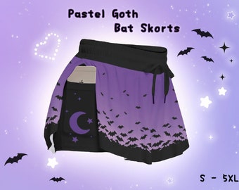Pastel Goth Bats Skorts Creepy Cute Yami Kawaii Flowy Shorts Purple Spooky Halloween Shorts with Pockes Alt Witchy Gothic Alternative Shorts