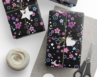 Pastel Goth Sakura Gift Wrapping Paper Celestial Cherry Blossom Black Purple Cute Flower Pattern Sheet  Starry Japanese Aesthetic Gift Wrap