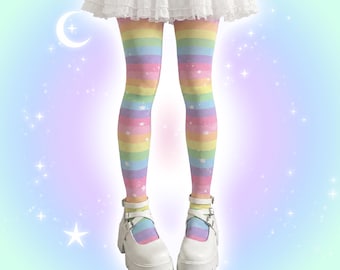 Yume Kawaii Pastel Rainbow Tights, Colorful Striped Decora Kei Harajuku Tights, Fairy Kei Cute Japanese Streetwear Tights, Cutecore Kidcore