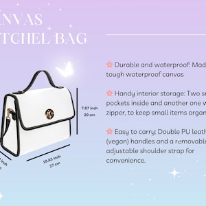 May include: White canvas satchel bag with black trim and a gold clasp. The bag has a top handle and a detachable shoulder strap. The bag measures 10.63 inches wide, 7.87 inches tall, and 4.13 inches deep.