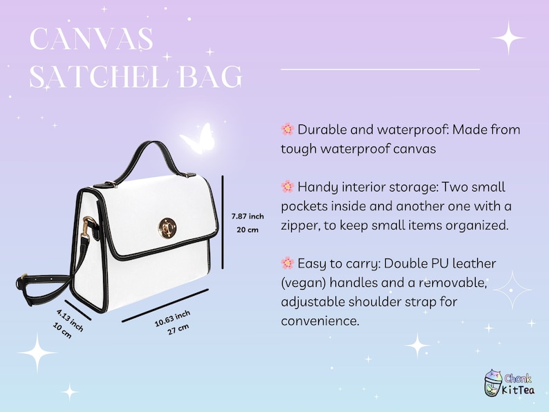 May include: White canvas satchel bag with black trim and a gold clasp. The bag has a top handle and a detachable shoulder strap. The bag measures 10.63 inches wide, 7.87 inches tall, and 4.13 inches deep.