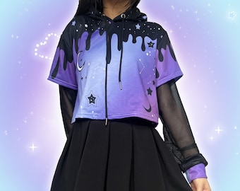 Pastel Goth Galaxy Hoodie, Drippy Starry Space Harajuku Mesh Sleeve Crop Shirt, Cute Japanese Streetwear, Moon Stars Drip Yami Kawaii Hoody