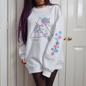 Pastel Sakura Sweatshirt Front and Sleeve design Japanese Aesthetic Cherry Blossom Flower Sweater for Japan Lover Vaporwave Retro Jfashion