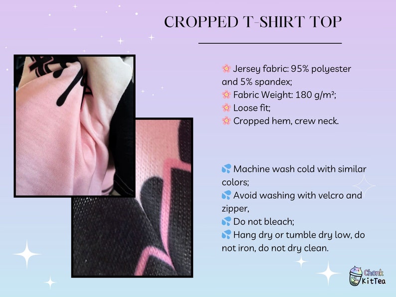 May include: Pink cropped t-shirt with black graphic print. The shirt is made of a jersey fabric blend of 95% polyester and 5% spandex. The fabric weight is 180 g/m&sup2;. The shirt has a loose fit, cropped hem, and crew neck.