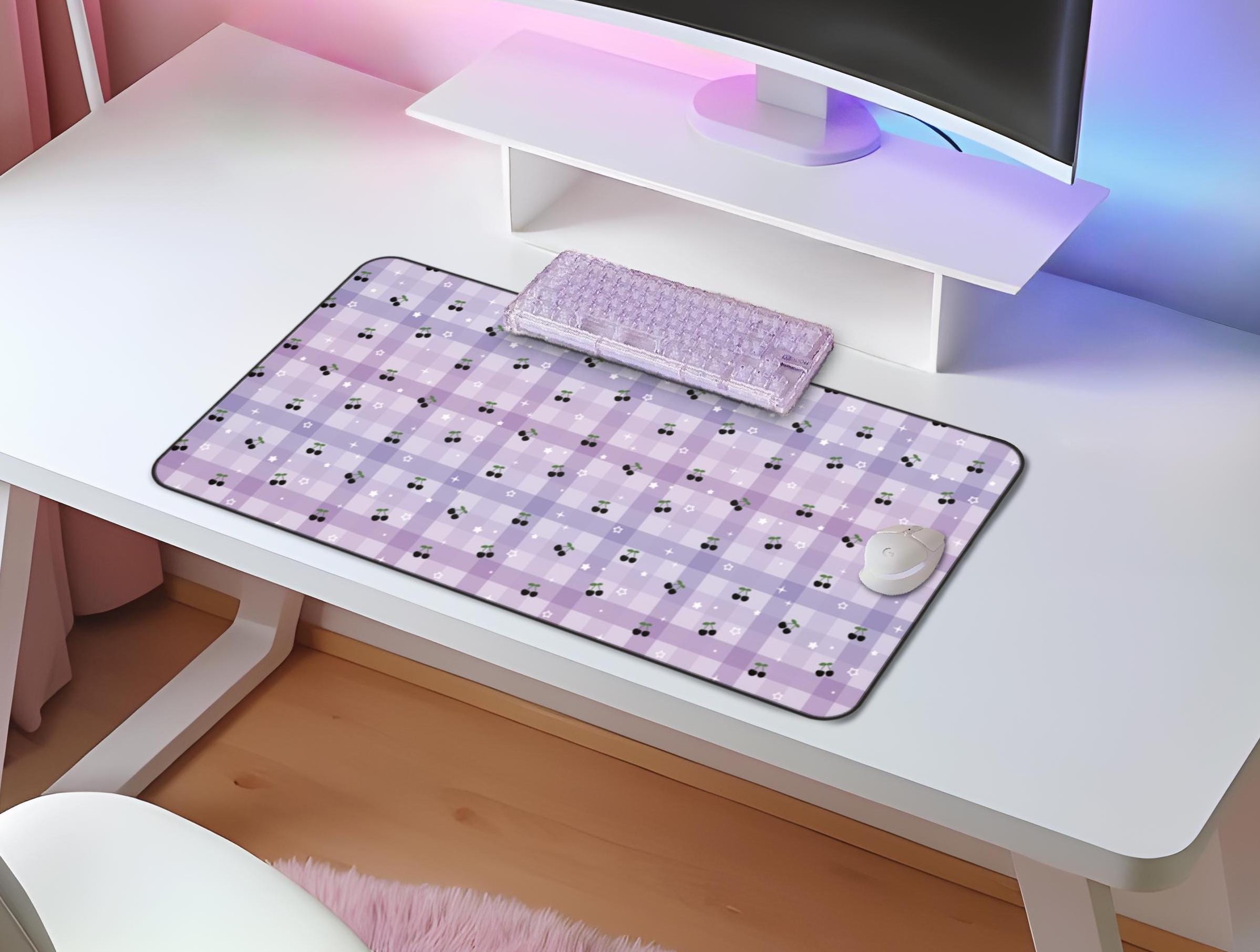 Cute Pastel Black Cherry Desk Mat Purple Gingham Cozy Aesthetic Celestial Kawaii XL Gaming Mouse Pad Lilac Gamer Girl Mousepad Large Deskmat