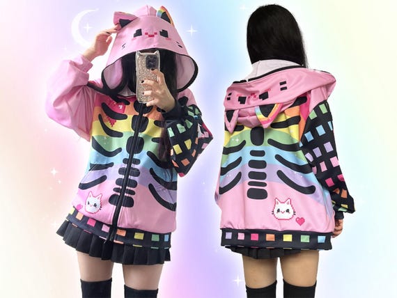 Harajuku Gamer Cat Ears Hoodie, Pastel Goth Lightweight Skeleton