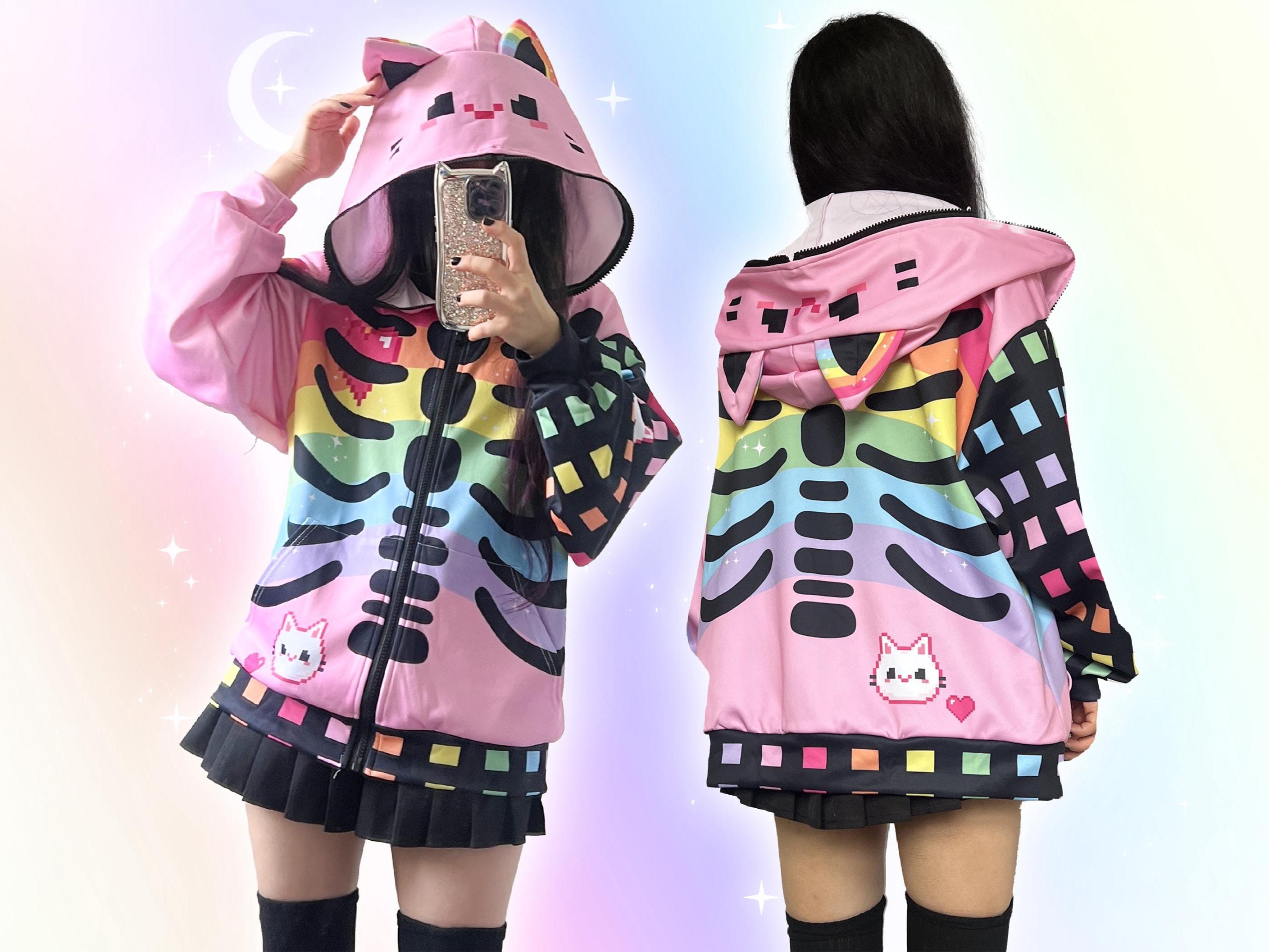 Harajuku Gamer Cat Ears Hoodie, Pastel Goth Lightweight Skeleton