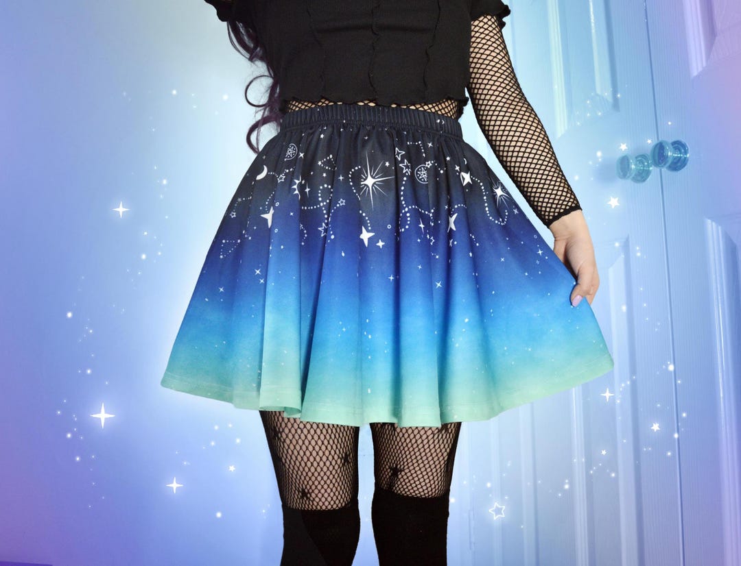 Celestial Space Blue Skirt, Pastel Goth Starry Constellation Flare