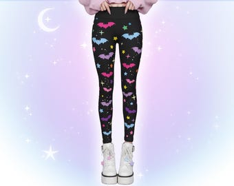 Pastel Goth Bats Leggings, Cute Harajuku Alt Japanese Streetwear, Decora Kei J fashion Starry Yami Kawaii Tights, Colorful Visual Kei Scene