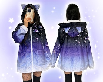 Fluffy Sakura Jacket with Cat Ears, Harajuku Kawaii Constellation Bunny Ear Hoodie, Cherry Blossom Flowers Stars Hoody, Cute Floral JFashion