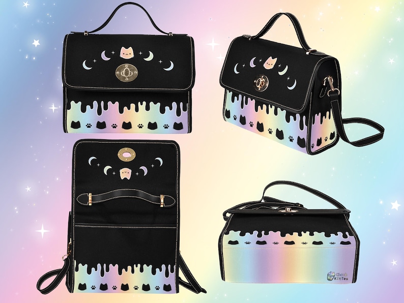 May include: Black satchel bag with a rainbow drip design and cat paw prints. The bag has a gold clasp and a removable shoulder strap. The bag is closed and the inside is not visible.