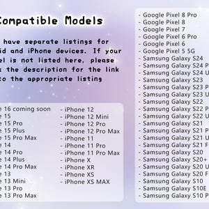 Op de afbeelding: Een lijst met compatibele telefoonmodellen voor een product. De lijst bevat iPhone-modellen van de iPhone 13-serie tot de iPhone 16-serie, evenals de iPhone 12-serie, iPhone 11-serie, iPhone X, iPhone XR, iPhone XS en iPhone XS MAX. De lijst bevat ook Google Pixel-modellen van de Pixel 5 tot de Pixel 8 Pro, en Samsung Galaxy-modellen van de Galaxy S10-serie tot de Galaxy S24-serie.