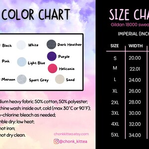 May include: Color chart showing 10 different colors of Gildan 18000 sweatshirts. Size chart shows sizes S through 5XL with width and length measurements in inches.