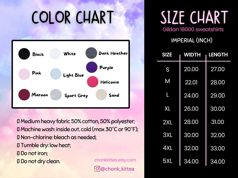 May include: Color chart showing 10 different colors of Gildan 18000 sweatshirts. Size chart shows sizes S through 5XL with width and length measurements in inches.