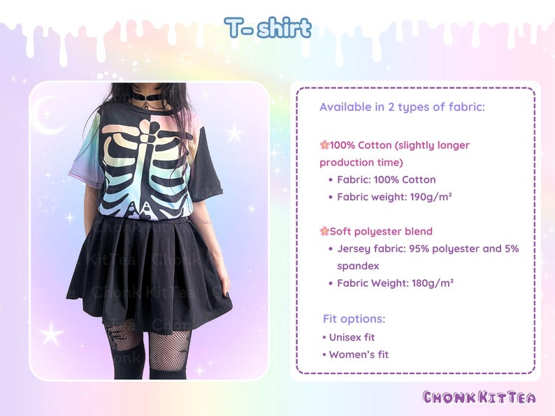 May include: Black T-shirt with a colorful skeleton design. The shirt has short sleeves and is paired with a black pleated skirt. The text "T-shirt" is at the top of the image. The shirt is available in two fabric types: 100% cotton and a soft polyester blend.