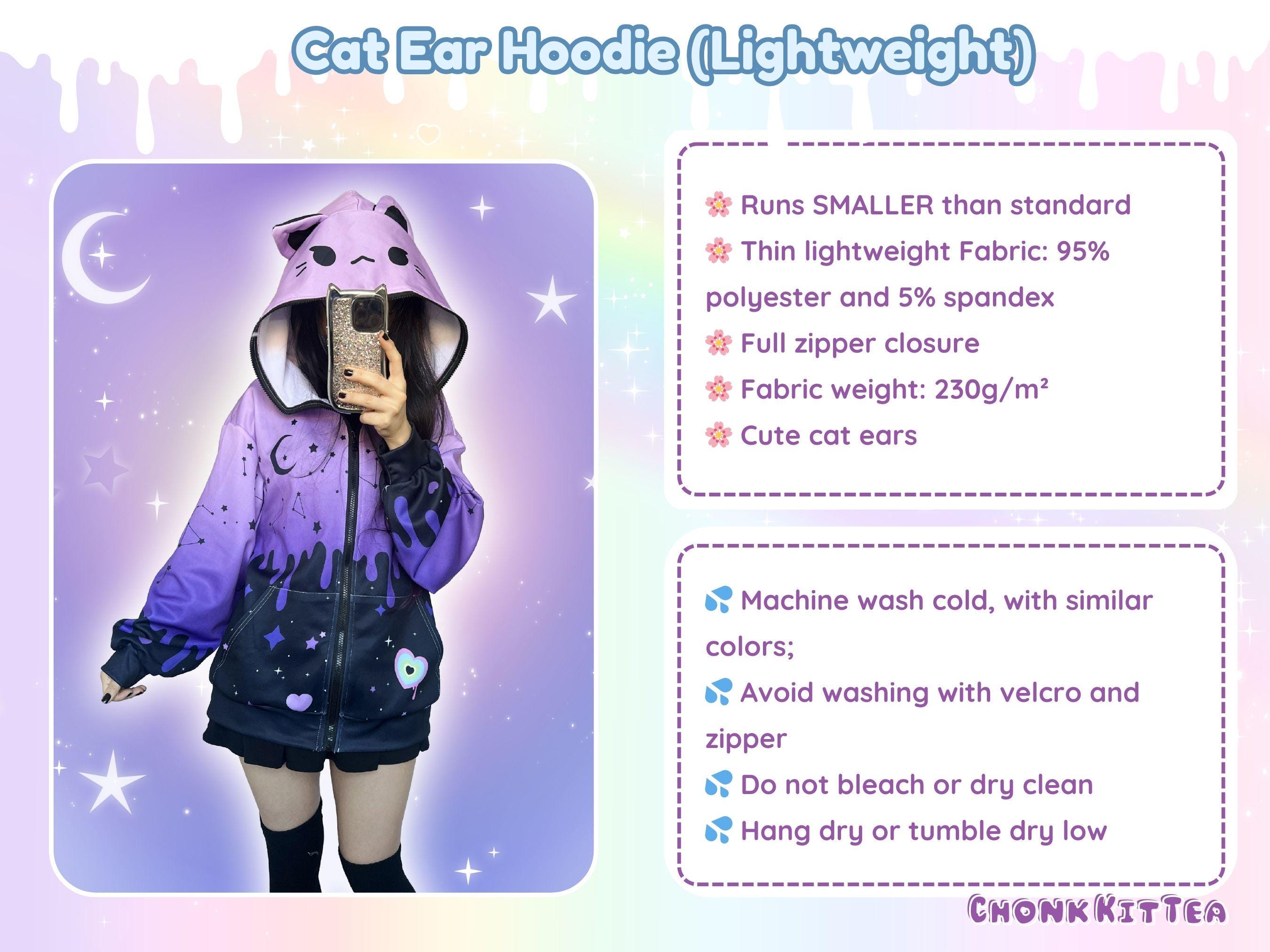 Purple Pastel Goth Cat Ears Hoodie, Lightweight Drippy Stars