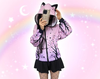 Harajuku Sakura Cat Ears Jacket, Lightweight Yami Kawaii Cherry Blossom Hoodie, Decora Kei Japanese Streetwear, Cute Pastel Goth Kitty Hoody