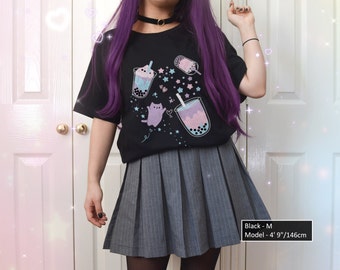 Kawaii Pastel Goth Boba Cat Shirt Cute Bubble Tea Lightweight T-shirt Soft Grunge Japan Aesthetic tee Oversized Harajuku Jfashion Streetwear