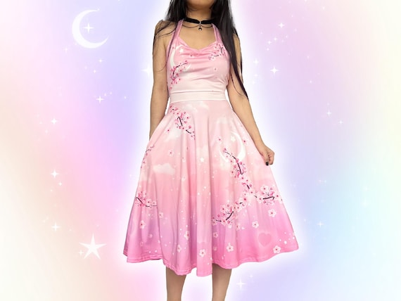 Yume Kawaii Sakura Dress with Pockets, Japanese Cherry Blossom Halter Dress, Harajuku Fairy Kei Floral Cute Pastel Pink Flowers Swing Dress