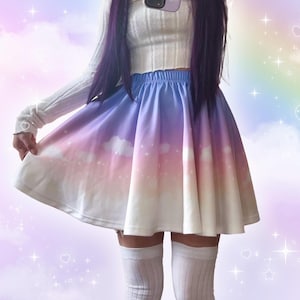 Dreamy Clouds Fairy Kei Skirt, Pastel Sky Yume Kawaii Skirt, Cute Harajuku Decora Kei Skater Skirt, Colorful  Celestial Japanese Streetwear