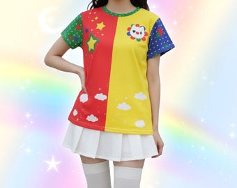 Clown Cat Cotton Shirt, Harajuku Kawaii Clowncore T-Shirt, Kidcore Colorblock Circus Tee, Colorful Red Yellow Alternative Alt Fashion Japan