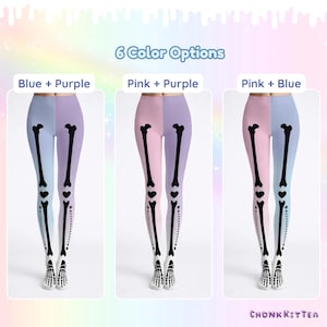 May include: Three pairs of leggings featuring a split-color design and a black skeleton bone print. The options include blue and purple, pink and purple, and pink and blue color combinations. Each pair displays a skeletal leg graphic with heart-shaped knee joints and star accents near the ankles. The text 6 Color Options and ChonkKitTea are visible.