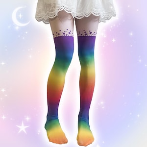 Rainbow Decora Kei Tights, Faux Over the Knee Harajuku Tights, Cute Japanese Streetwear Stars Tights, Colorful Clowncore Kidcore Alt Fashion
