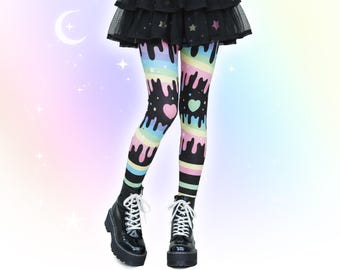 Drippy Pastel Goth Rainbow Leggings, Cute Harajuku Alt Japanese Streetwear Starry Decora Kei Jfashion Yami Kawaii Star Tights Colorful Scene
