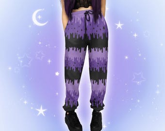 Drippy Pastel Goth Joggers, Purple and Black Starry Harajuku Sweatpants, Cute Stars Alt Japanese Streetwear, Celestial Yami Kawaii Pants Her