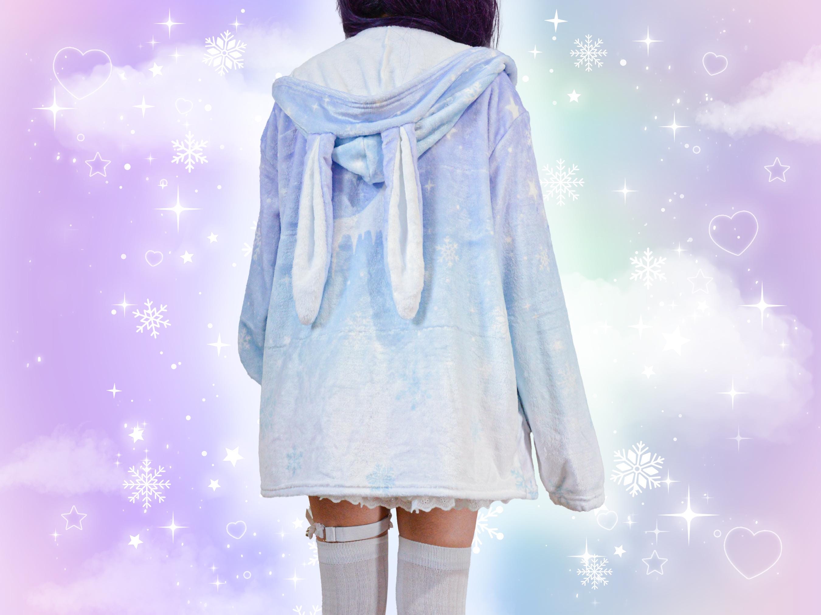 Snowy Moon Bunny Ear Hoodie, Yume Kawaii Snow Flake Harajuku Jacket, Celestial Winter Aesthetic Ice Rabbit Hoody Cute Starry Dreamy Sky Star