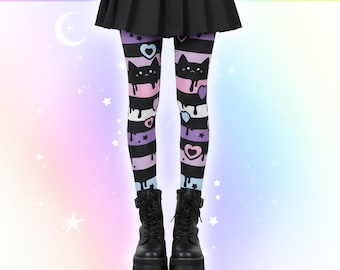 Drippy Pastel Goth Cat Leggings, Kitty Harajuku fashion, Creepy Cute Japanese Streetwear, Starry Yami Kawaii Tights Stars Hearts, Yamikawaii