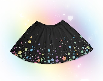 Harajuku Rainbow Sakura Skirt, Celestial Decora Kei Cherry Blossom Pastel Goth Skirt, Yami Kawaii Japanese Streetwear Star Colorful Floral