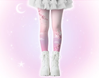 Yume Kawaii Sakura Leggings, Japanese Aesthetic Cherry Blossom Leggings, Harajuku Cute Japan Streetwear Pink Floral Tights, Fairy Kei Flower